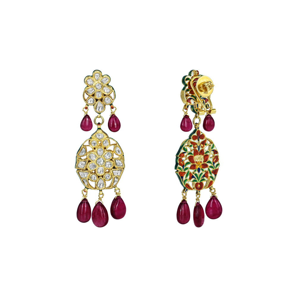 Floral Polki Earrings with Rubylite Drops